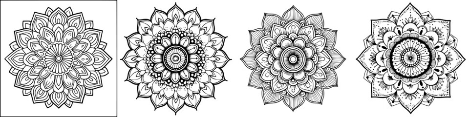 Detailed black and white mandala designs featuring intricate floral patterns suitable for relaxation and meditation activities