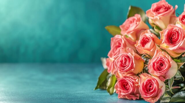 A bouquet of soft pink roses with green leaves rests against a tranquil blue background, ideal for romantic gestures or celebrations