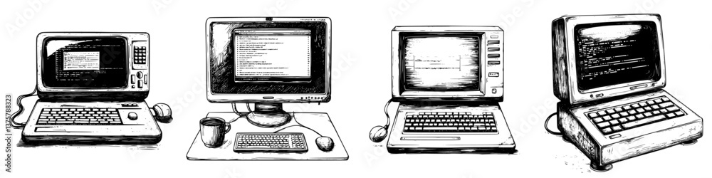 Poster evolution of computers showcasing different models and interfaces from vintage to modern styles in a