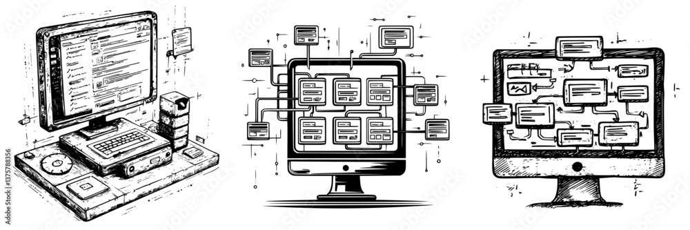 Poster illustration of vintage computers showcasing different computing concepts and data flow in a retro s