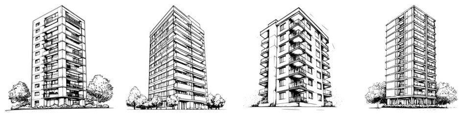 Illustrations of modern residential buildings showcasing diverse architectural styles and designs