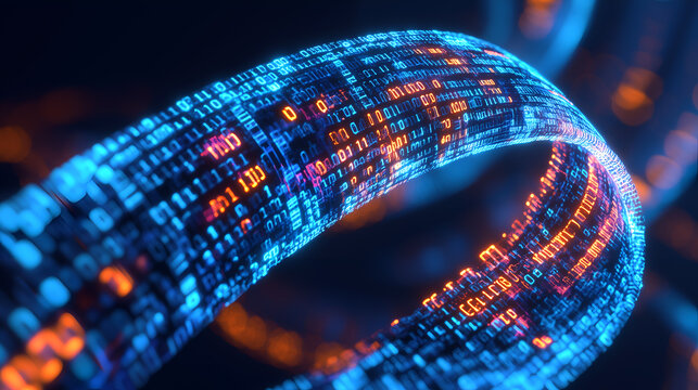a close-up view of a digital data stream flowing dynamically with glowing lines and numeric data points