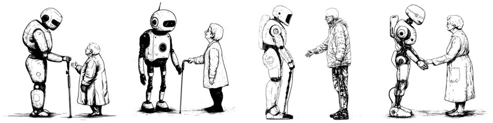 Fototapeta premium Interactions between robots and elderly people in a future setting highlighting companionship and technology