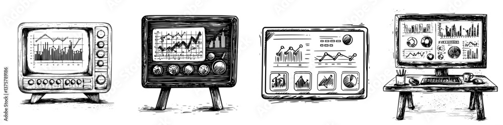 Poster different styles of television screens displaying various data visualizations over time