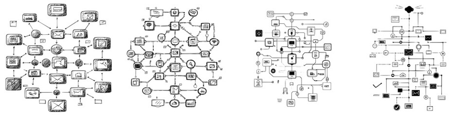 Complex flowcharts illustrating various processes and connections in a conceptual diagram layout