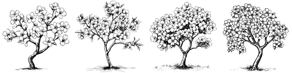 Illustration of four distinct varieties of cotton plants showcasing their flowers and growth patterns in a detailed sketch style