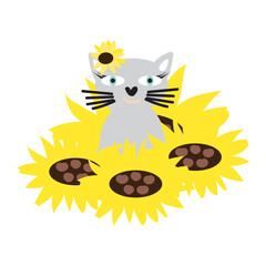 cat and sunflowers vector illustration