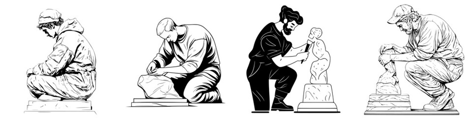 Fototapeta premium Sculptors at work creating art from stone in a workshop setting during daytime hours