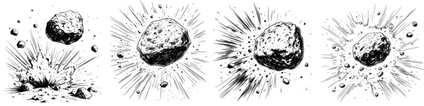 Rock explosion sequence in black and white illustrating motion and impact dynamics in natural settings