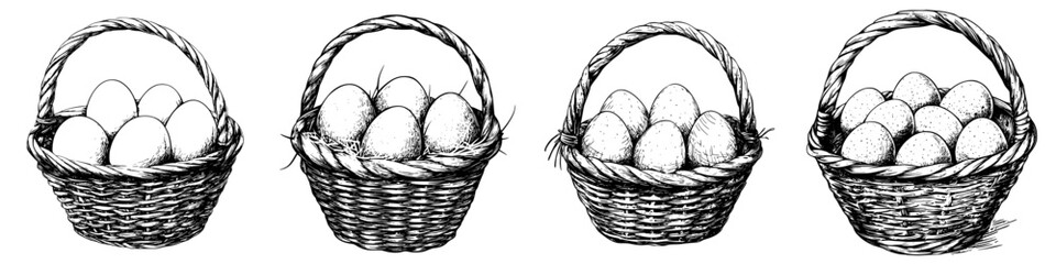 Fototapeta premium Baskets filled with different varieties of eggs in a traditional, rustic style