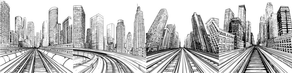 Urban landscape with abstract skyscrapers and railway tracks in a busy metropolis