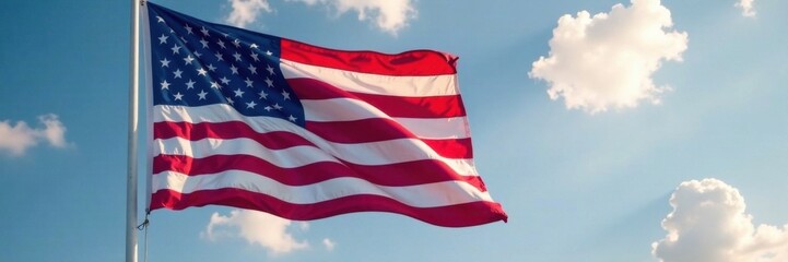 Obraz premium American flag waving in wind with blurred background, National Symbol, Patriotic, Landscape
