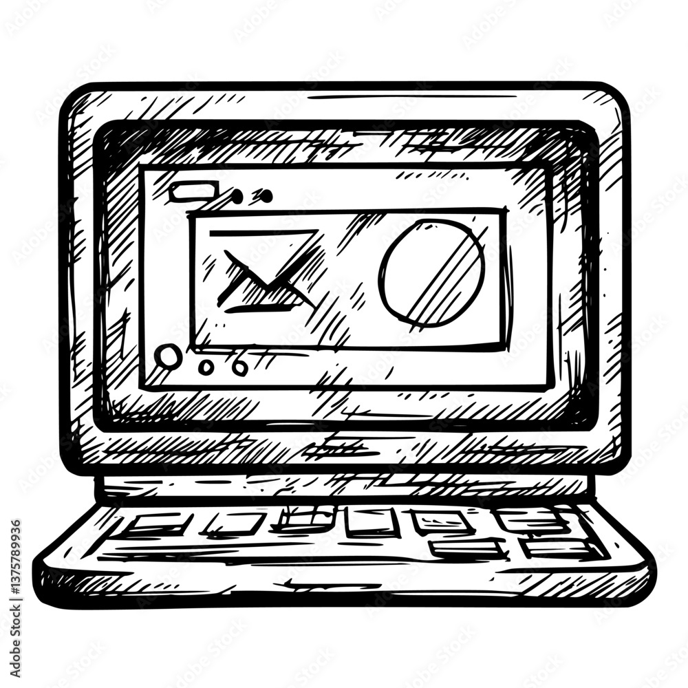 Poster laptop displaying an email interface with graphics, illustrating digital communication concepts