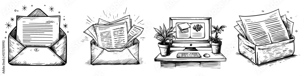 Poster creative representation of communication methods through envelopes and a computer workspace connecti