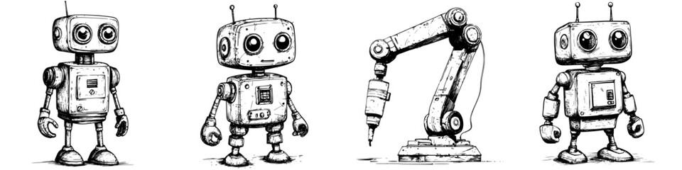 Vintage robot illustrations depicting various designs and functions in a playful, whimsical style