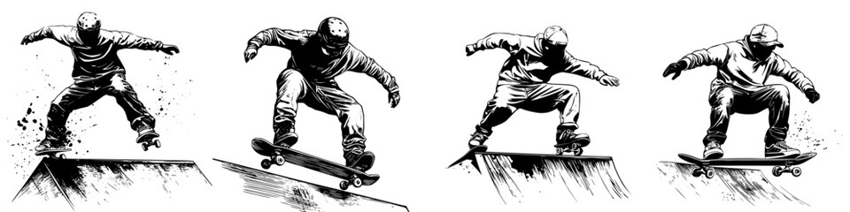 Obraz premium Skateboarder performs tricks at a skate park during a vibrant afternoon session with friends and onlookers