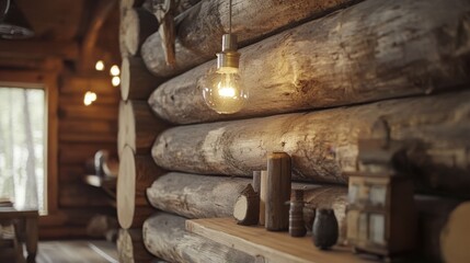 A cozy log cabin interior features a glowing Edison bulb and rustic decor. Use this for travel blogs, home design, and rustic style inspiration.