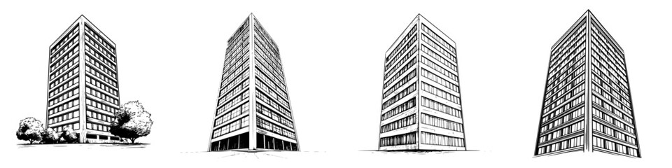 Fototapeta premium Modern office buildings showcasing geometric architecture and contrasting greenery in an urban landscape