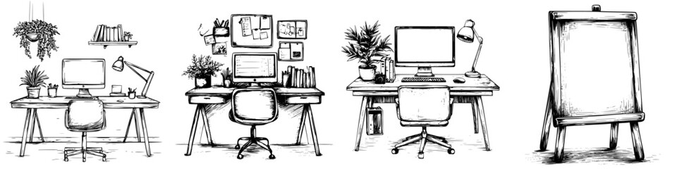 Stylish workspaces showcasing desk setups with plants and organizational elements in a creative environment