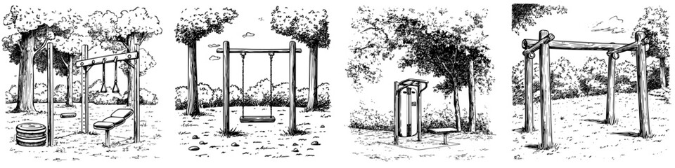 Outdoor fitness equipment set in a park surrounded by trees featuring various workout stations for strength training