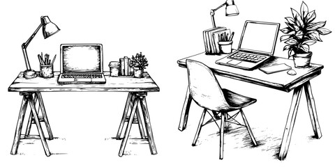 Creative workspace illustration featuring two distinct desk setups for productivity and organization