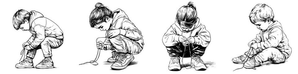Fototapeta premium Child focuses on tying shoelaces while sitting on the ground in a casual setting during daylight