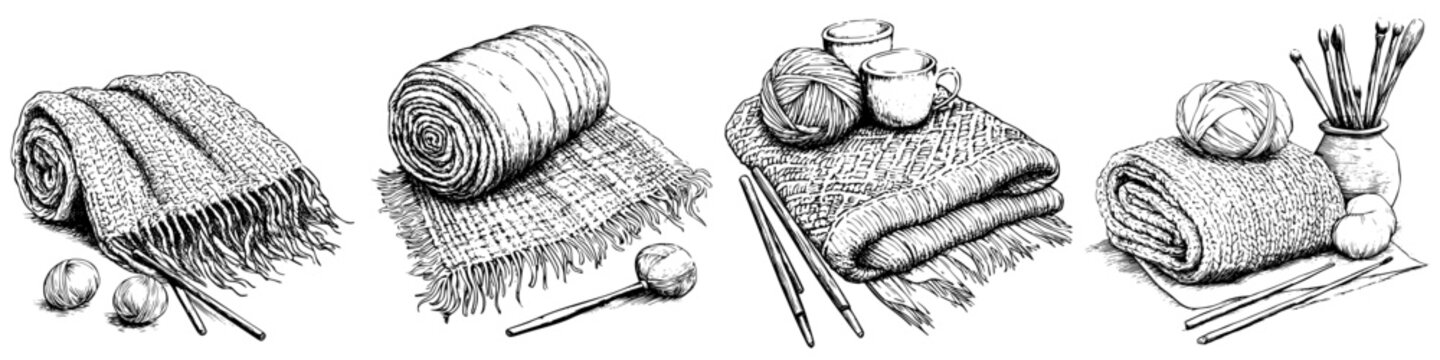 Woven textiles and crafting materials displayed on a table showcasing traditional weaving techniques and artistry