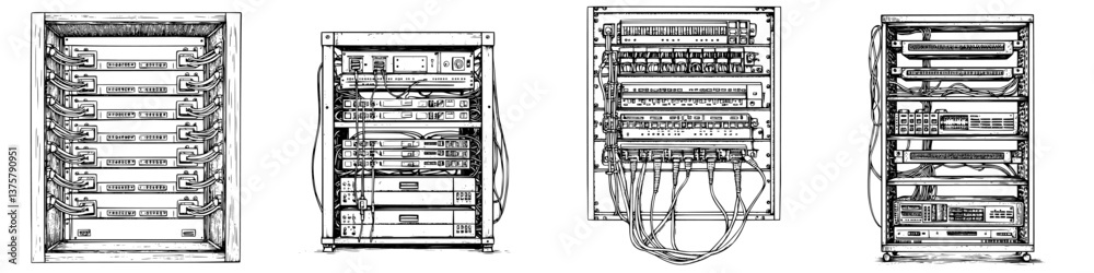 Poster network server racks displaying equipment and cables in a controlled data center environment during 
