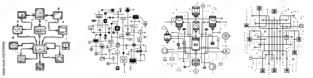 Poster detailed diagrams illustrating complex processes in technology and systems, showcasing connections a