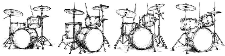 Drum set series showing different angles and configurations for musicians and designers in a creative workspace
