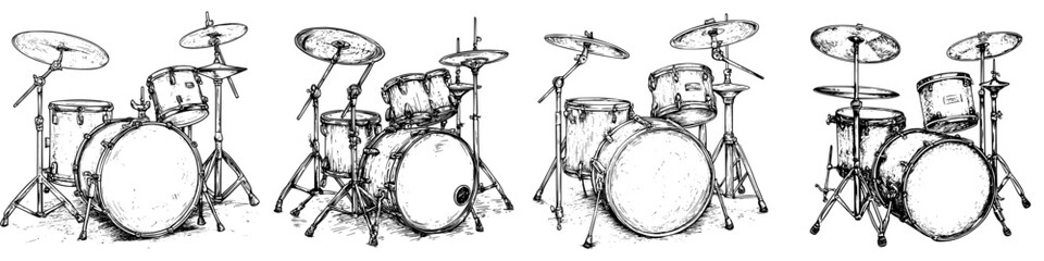 Illustration of multiple drum sets arranged in a dynamic composition showcasing various angles and configurations