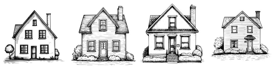 Four distinct house designs showcasing various architectural styles in a clean black and white illustration