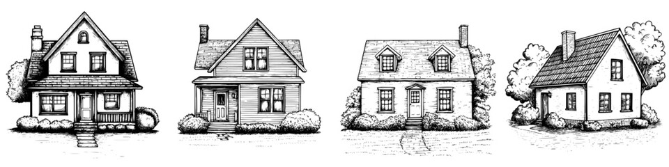Different styles of houses illustrated in black and white showcasing various architectural designs and features