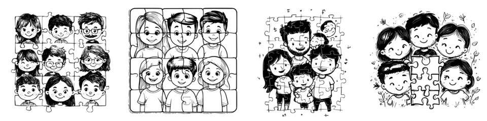 Creative illustration of children and families forming a puzzle in a playful and joyful manner