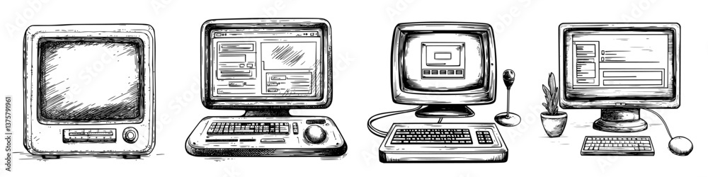 Poster evolution of computer technology showing vintage and modern devices in a continuous sequence