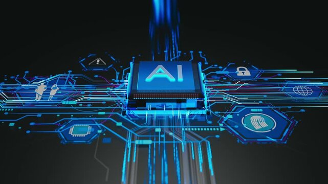 A video of an AI processing chip integrated into a high-tech circuit board. The chip glows with blue neon lines that indicate data transfer, surrounded by a modern, black, technological environment.