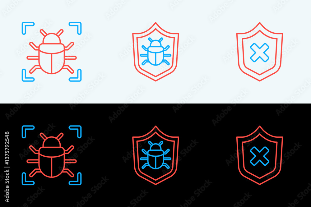 Poster set line shield with cross mark, system bug and icon. vector