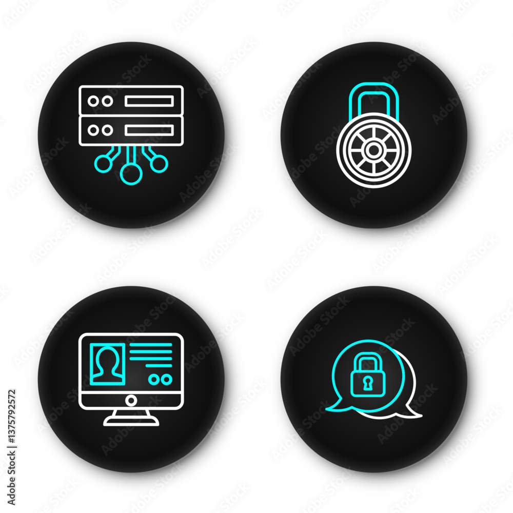Poster set line cyber security, create account screen, safe combination lock and server, data, web hosting 