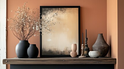 showing a rustic boho display with dried florals, handcrafted pottery