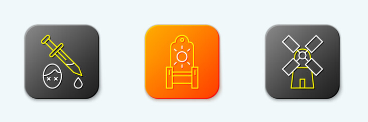 Set line Sword with blood, Medieval throne and Windmill icon. Vector