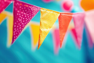 Close-up of Festive Birthday Banner with Bright Pennants in Pink, Yellow, and Orange Against a Vibrant Turquoise Backdrop