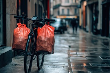Obraz premium Delivery Bike with Bags in Wet City Street - Focus on Urban Transport and Cargo