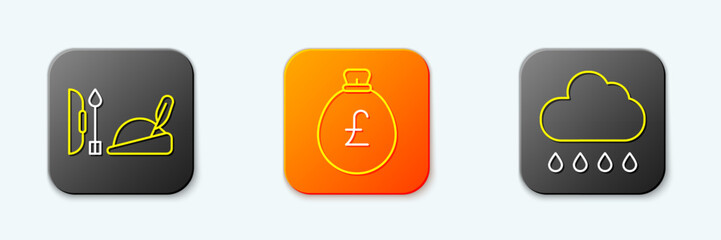 Set line Robin hood hat, Money bag with pound and Cloud rain icon. Vector