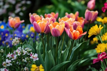Blooming Tulip Flowers and Spring Blooms in a Garden Setting