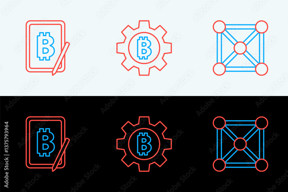 Poster set line blockchain technology, mining bitcoin from tablet and cryptocurrency bitcoin icon. vector