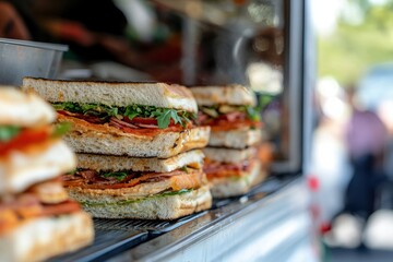 Freshly made sandwiches displayed at food truck with grilled bread, various toppings, and vibrant greens for customers