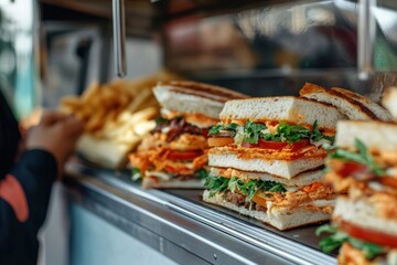 Close-up of freshly made sandwiches and fries in a food truck display case, ready for sale.
