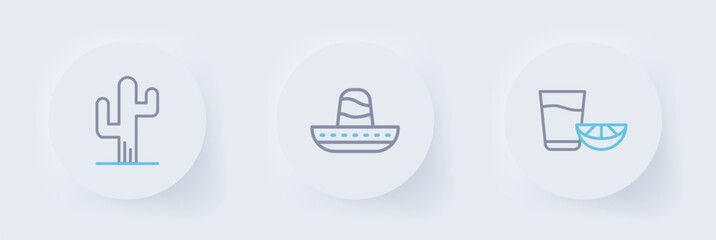 Set line Tequila glass with lemon, Mexican sombrero and Cactus icon. Vector