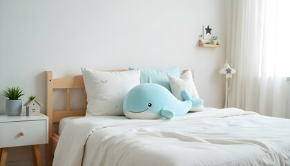 A cozy, minimalist bedroom scene featuring a bed adorned with a variety of plush pillows and decorations