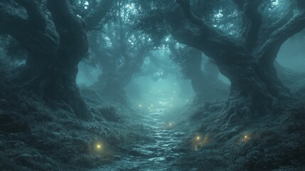 Mystical forest path at night with glowing lights